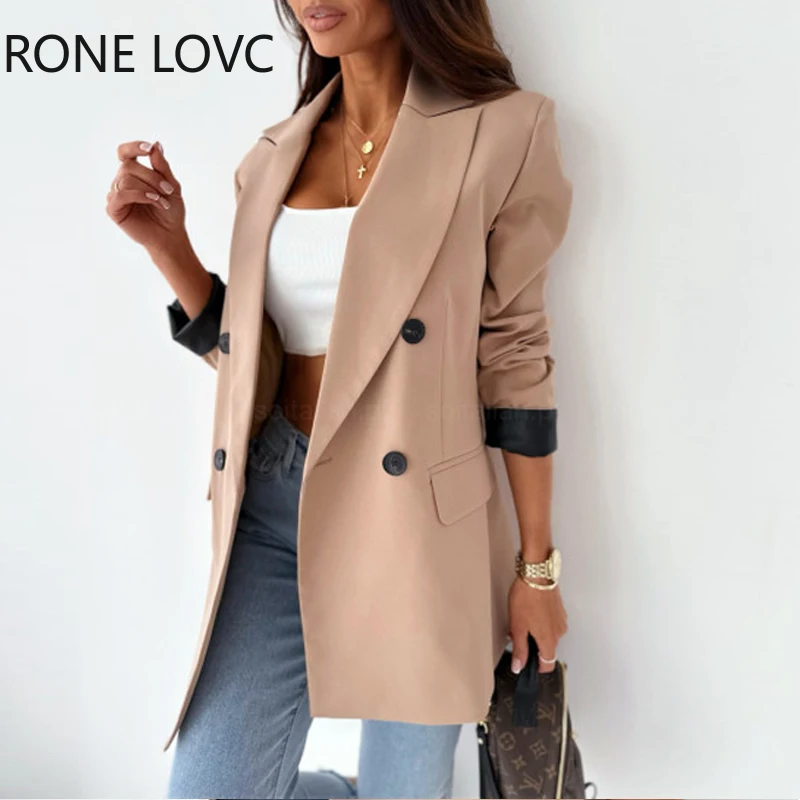 

Women Chic Solid Notched Collar Double Breasted Straight Working Blazer Jacket