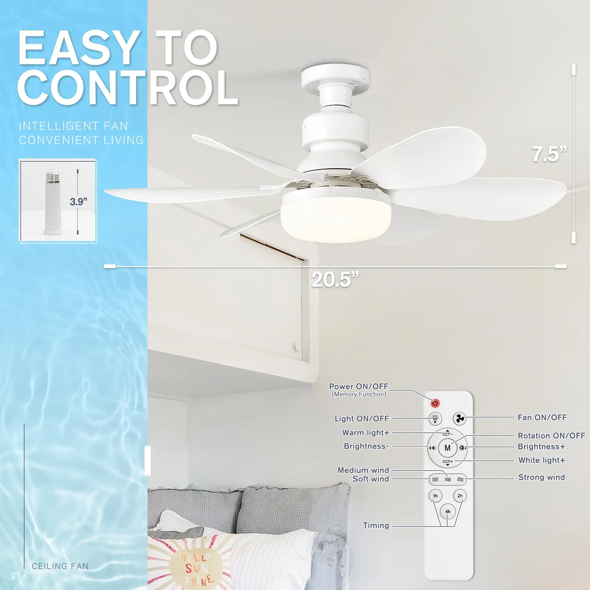 Ventilador de teto leve, ventilador de teto pequeno com parafuso com controle remoto, 3 velocidades de vento, LED regulável, 3000-6500K, 6 lâminas brancas, 20,5 polegadas