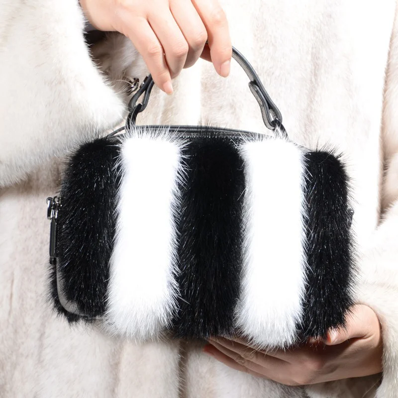 Women's New Small Square Bag Double Zipper Fashion Real Mink Hair Shoulder Bag High-end Banquet Elegant Leather Clutch Bag