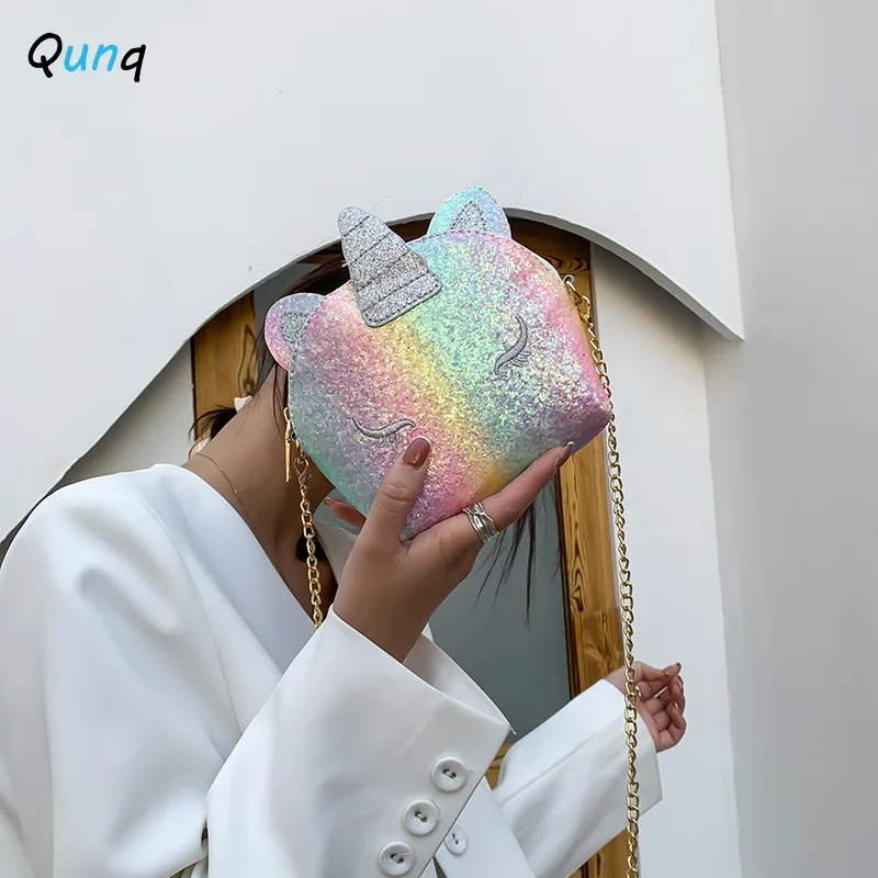 Qunq Fashion Children Cute Zipper Shoulder Bag Baby Cartoon Appliques Unicorn Gradient Breathable wear-resistant Change Purse