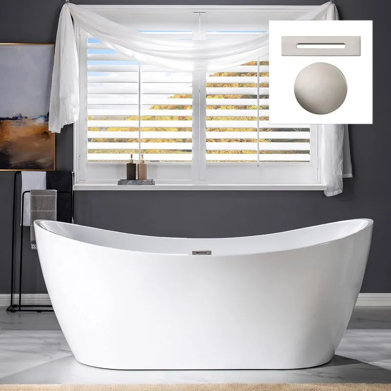 71" Acrylic Freestanding Bathtub Contemporary Soaking Tub White Acrylic (Brushed Nickel Drain/Overflow) with Pillow