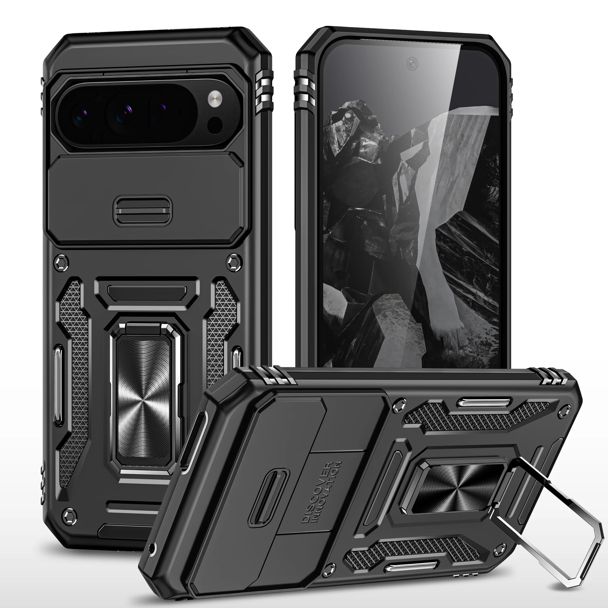 Enhanced Magnetic Ring Holder Armor Phone Case with Slide Camera Protector