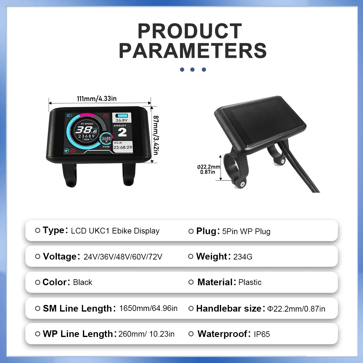 전기 자전거 액세서리 36V-72V 속도 제한 25km/h LCD UKC1 컬러 디스플레이(UART2 통신 기능 포함)