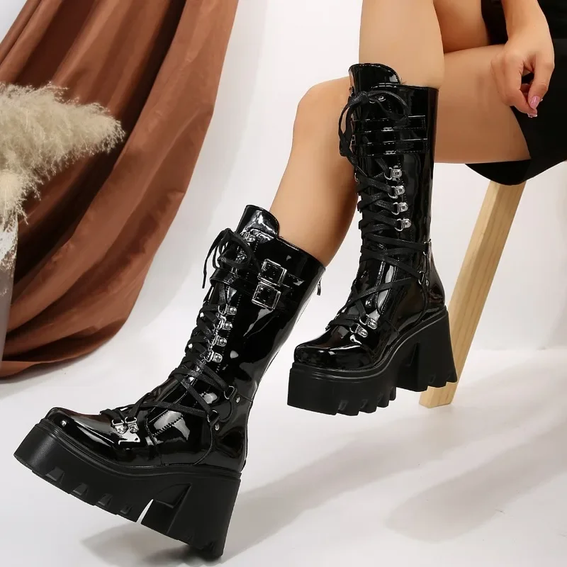 Winter 2024 New Women's Fashion Mid Tube Boots Lace Up High Platform Wedge Boots New Women's Fashion Solid Color Boots