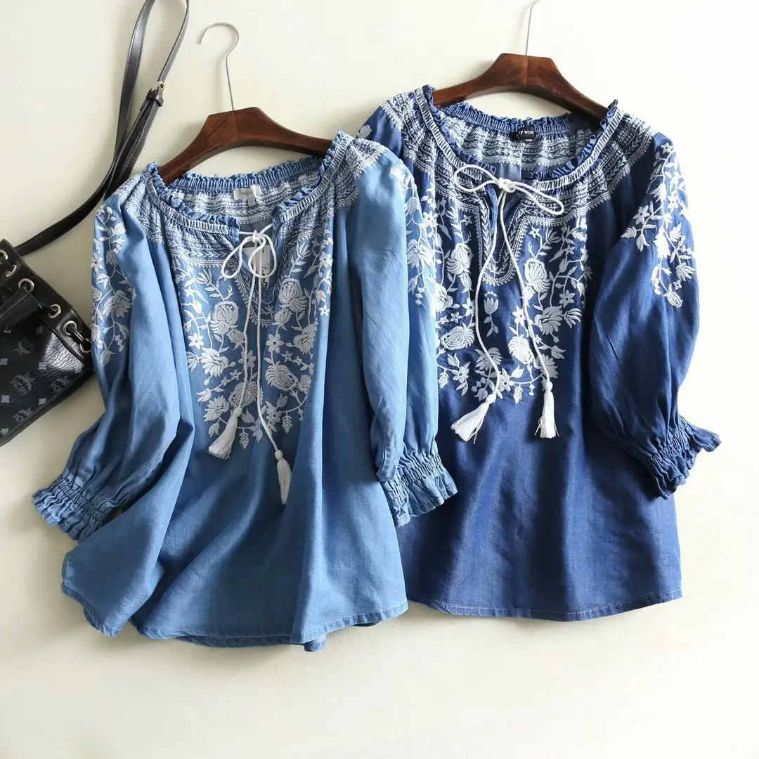 2023 New Fashion Spring Casual Denim Shirt Women V-neck Tassel Loose Boho Ethnic Vintage Embroidery Blouse Tops Blusa Feminina