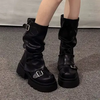 New Design Women Biker Boots Platform Belt Buckle Women's Knee High Booties Harajuku Gladiator Y2K Punk Mid Pipe Booties Girls 1