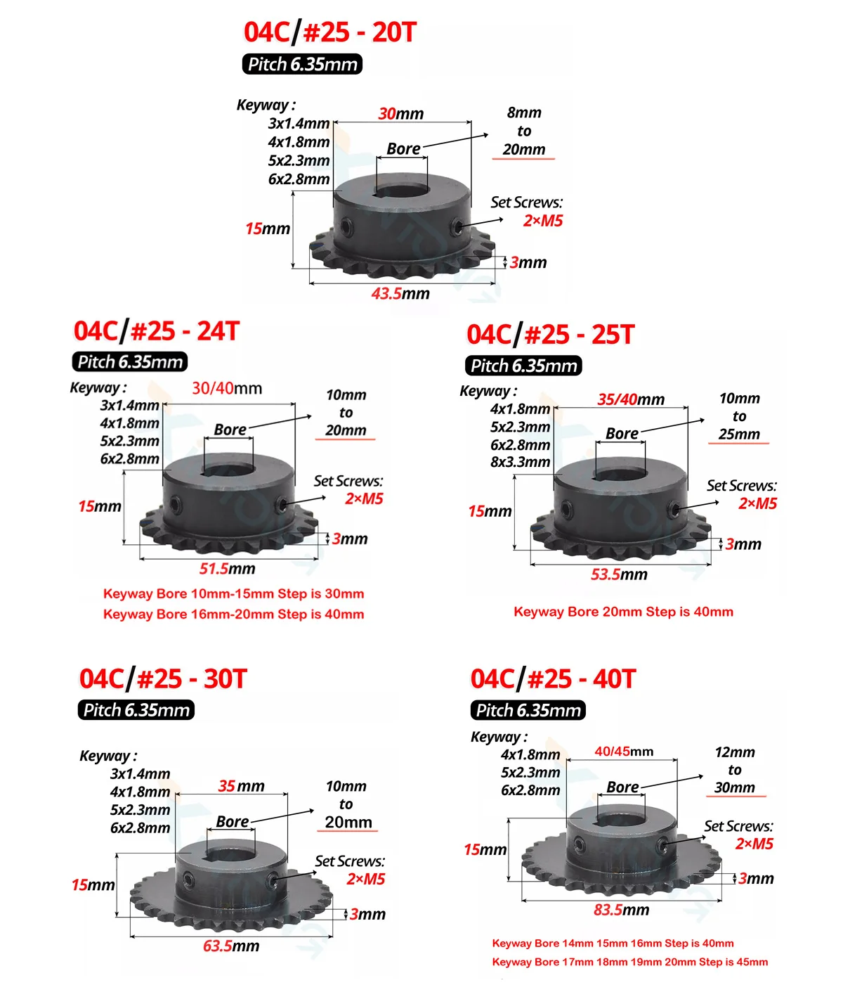1PCS #25 Roller Chain Sprocket With Keyway 20/24/25/30/40 Tooth Bore 10mm to 20 Pitch 1/4" 6.35mm For 04C Chain