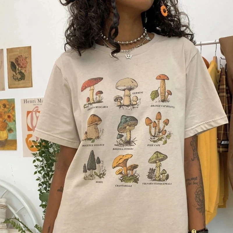 

Vintage Fashion Mushroom Print Oversized T Shirt Egirl Grunge Aesthetic Streetwear Graphic Tees Women T-shirts Cute Tops Clothes
