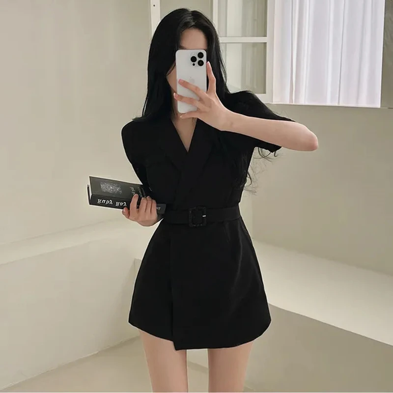 

Summer Women's Suit Dress Korean Elegant Office Temperament Shorts Dress Fashion Daily Casual Commuter Dress Black Dress