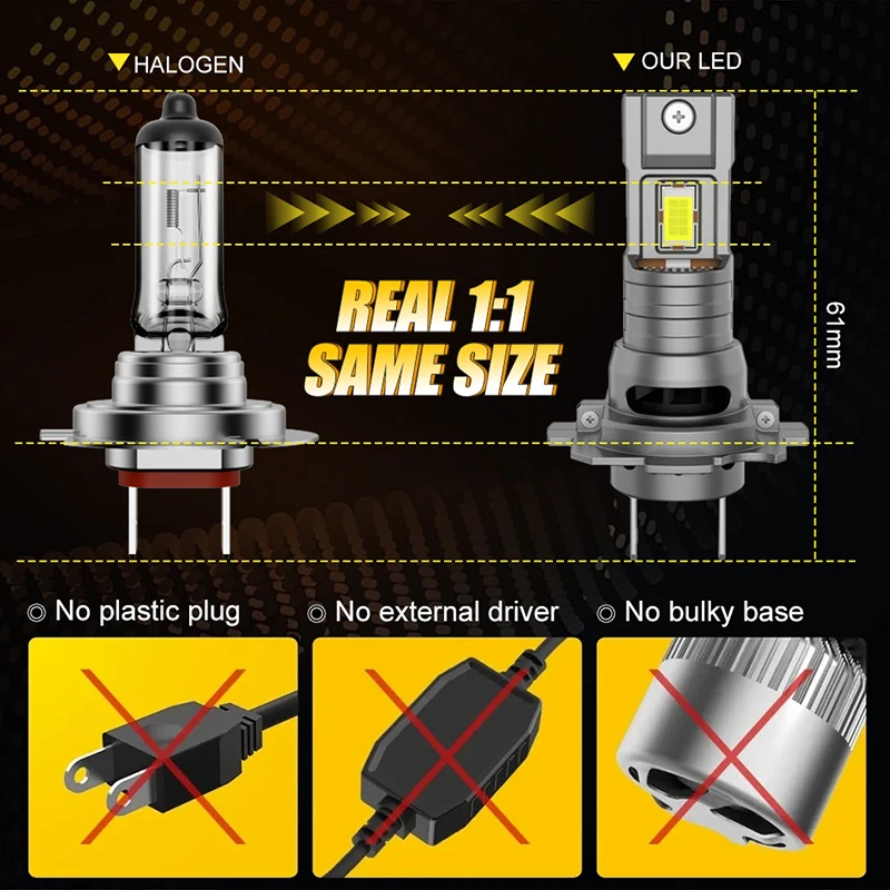 2Pcs Turbo H7 LED Headlight Bulbs 1:1 Size Mini Head Lamp 3580 CSP Wireless H4 9005 9006 Car 6000K White 12V Led Car Lights Led Lights Led Bulbs Led Headlights Led Car Headlights Car Headlamps