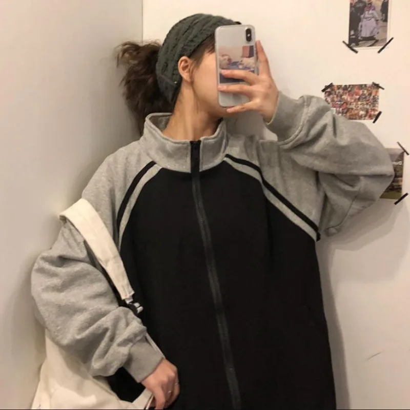

Korean Streetwear Black Zip Sweatshirt Women Kpop Harajuku Fashion Striped Patchwork Hoodie Preppy Style Bomber Jackets