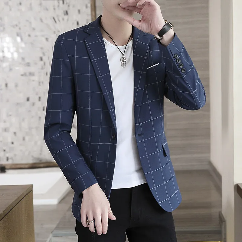 Plaid pattern British suit jacket slim casual comfortable men's clothing