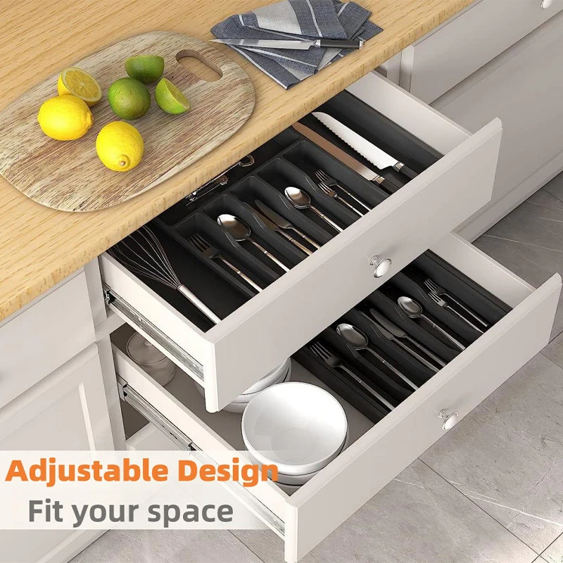 Large Capacity Silverware Drawer Organizer, Adjustable Utensil Tray Flatware Cutlery Holder, Kitchen Counter Storage Containers
