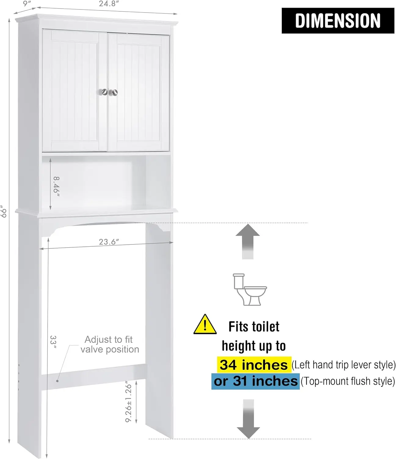 White Over Toilet Storage Cabinet with Adjustable Shelf, Bathroom Organizer Space Saver