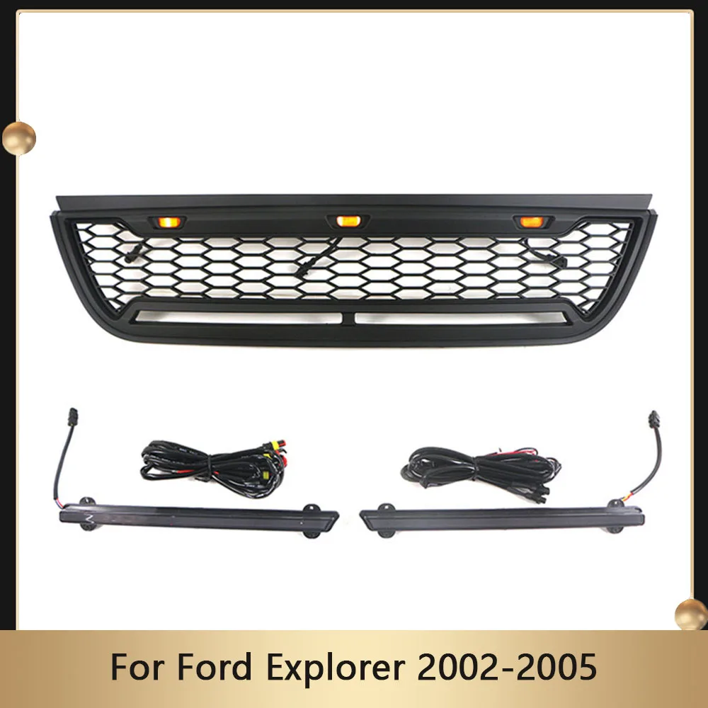 

Front Grille Bumper Mesh Grill Honeycomb Grills For Ford Explorer 2002-2005 Car Cover Grille With Letters & Lights Upper Grid