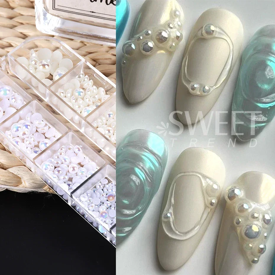 12 Grids Aurora Pearl Nails Art Decoration White Flatback Round Beads Jewelry Summer DIY Charm Elegant Wedding Accessories Parts