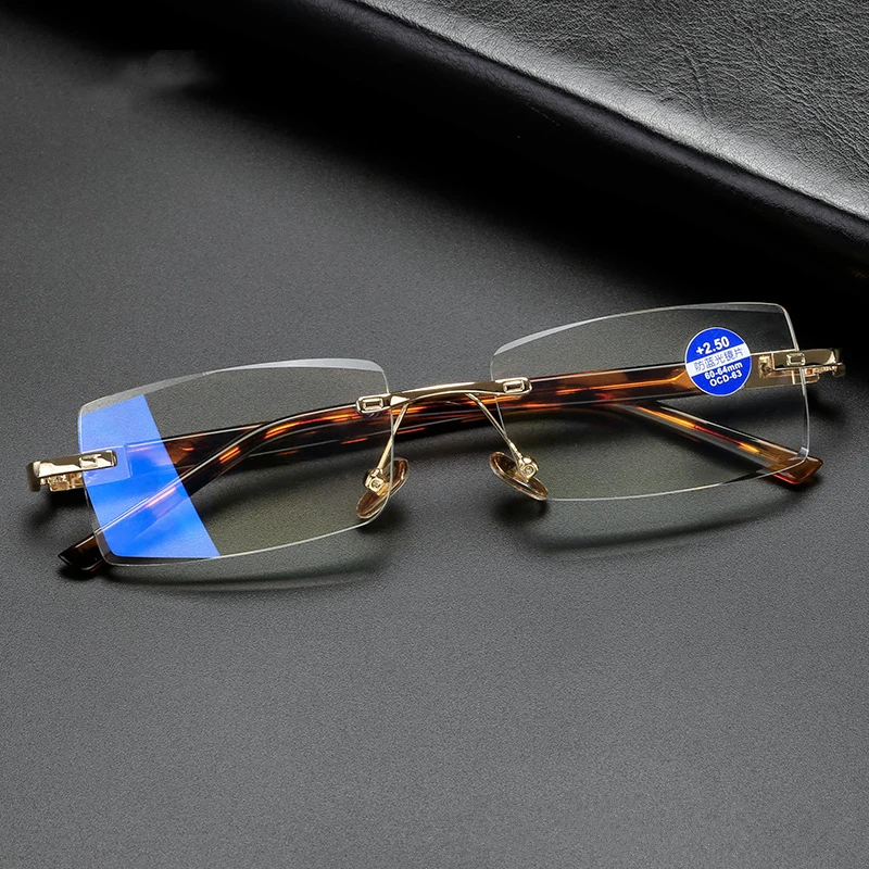 High Quality Anti Blue Light Reading Glasses Luxury Crystal Len Frameless Presbyopic Eyeglasses Unisex Optical Far Sight Eyewear 3
