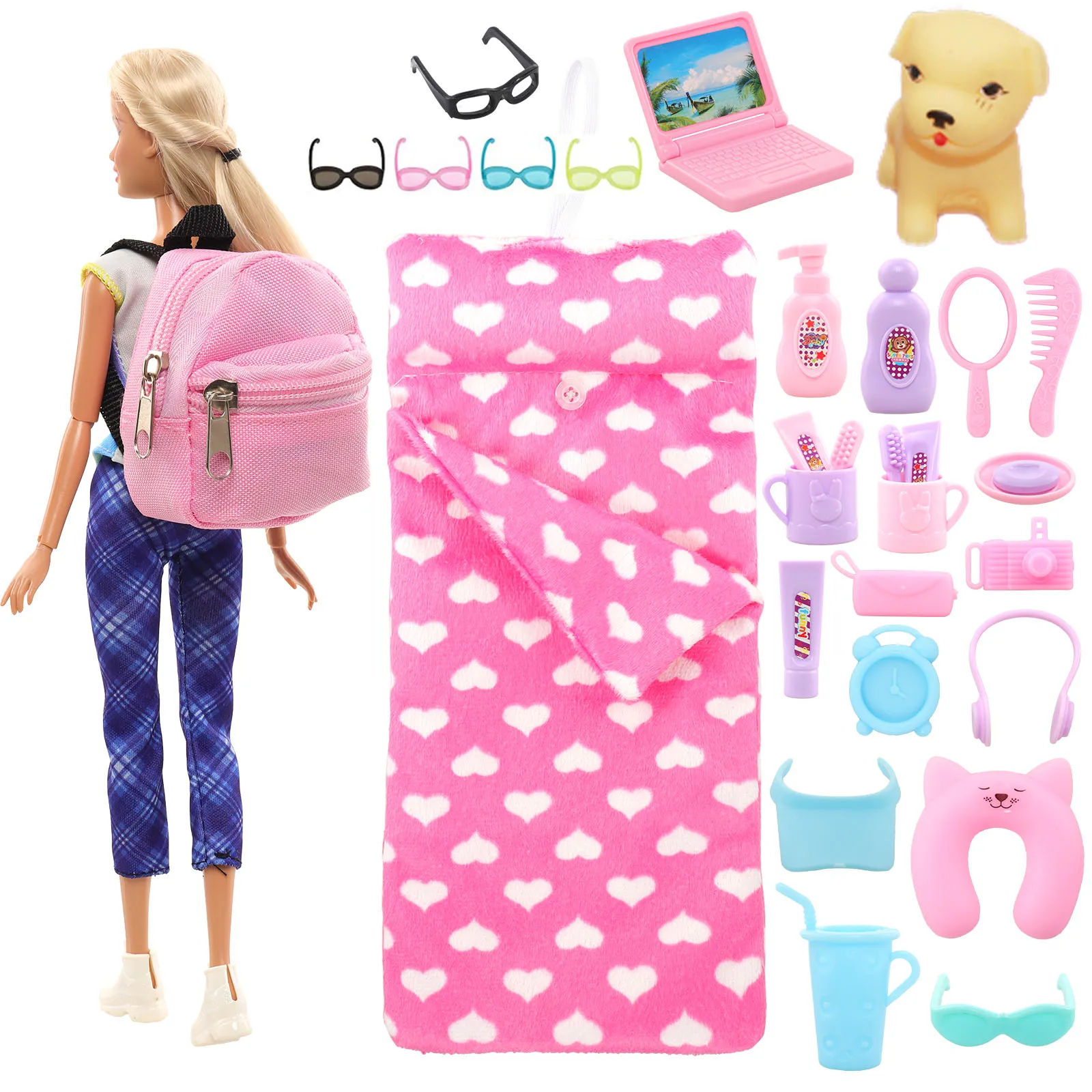 30 Pcs Doll Clothes=1 Sleeping Bag+1 Backpack+14 Wash Accessories+8 Life Accessories+5 Glasses + 1 Dog for Barbie 11.5inch Doll