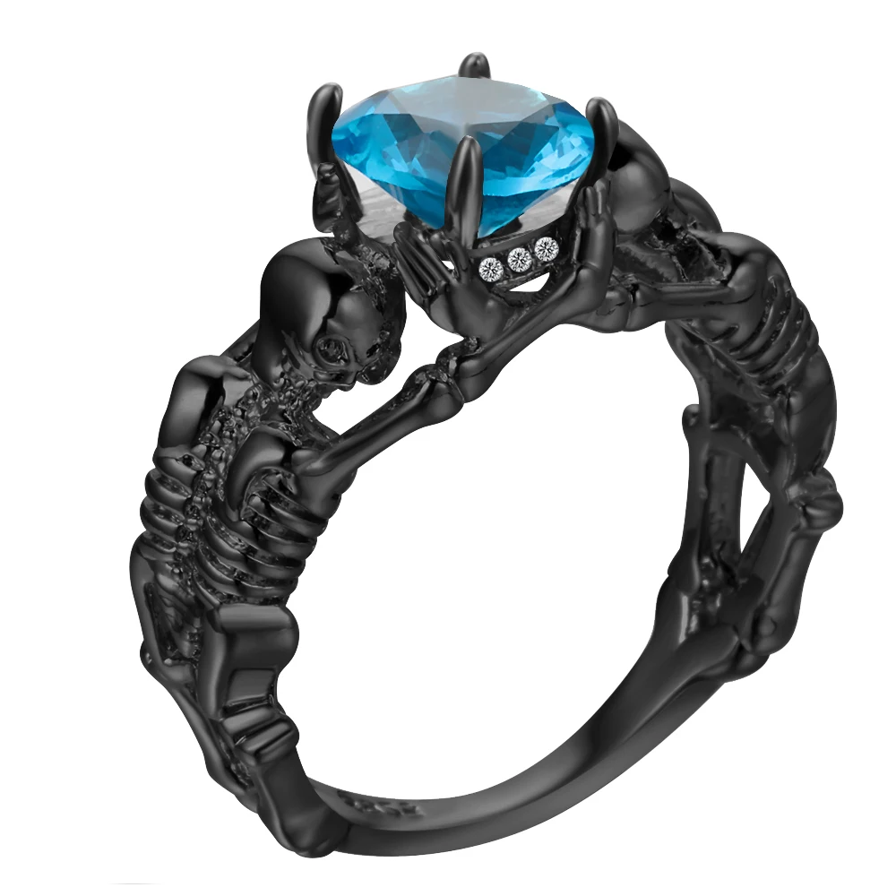 UFOORO Ghost Evil Skull Skeleton Ring Black Stone Punk Men Engagement Ring 5-12 Royal Blue Black Pink Green Men Jewelry