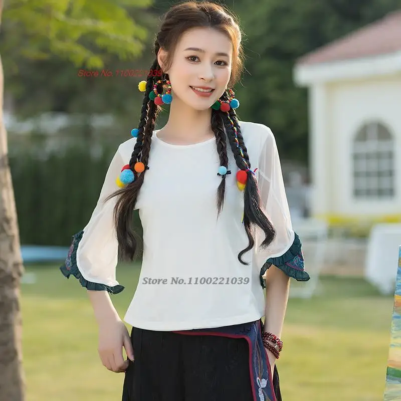 2024 chinese traditional hanfu shirt o-neck floral embroidery elegant oriental vintage shirt oriental tang suit retro t-shirt oriental woman chinese traditional hanfu costumes embroidery floral girls ancient fairy princess dance performance stage dresses