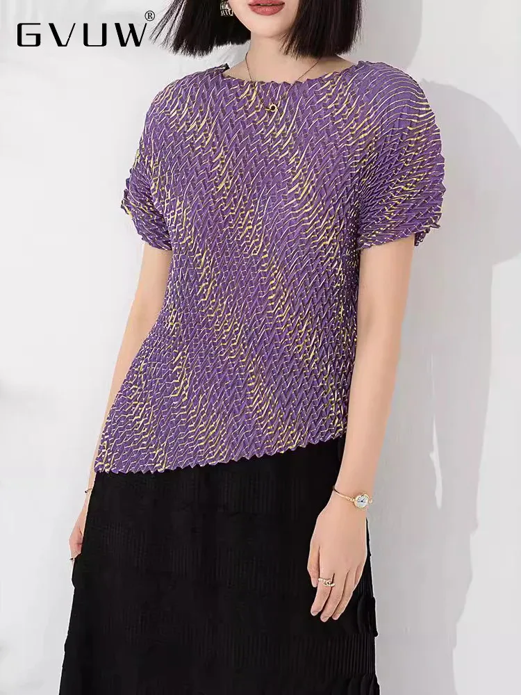 

Женская плиссированная футболка GVUW, облегающий Универсальный пуловер с коротким рукавом и круглым вырезом, модель 17G7003 на лето, 2024