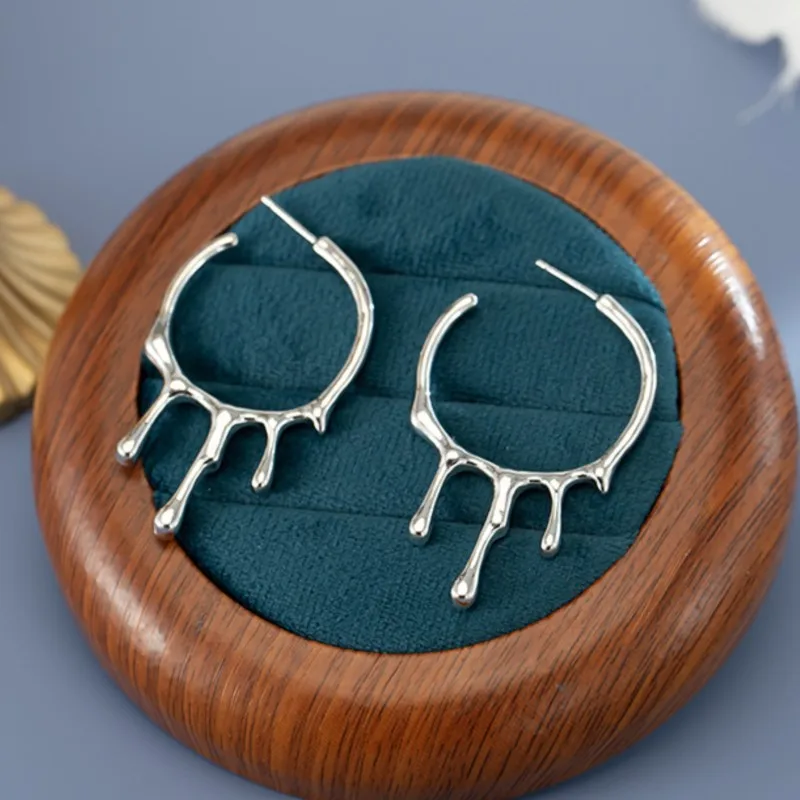 Silver Color Punk Unique Retro Stud Earrings for Women Geometric Niche Design Water Droplet Lava Earring Jewelry Accessories