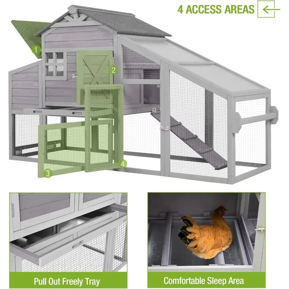 Chicken Coop Outdoor Wooden Hen House 65" with Large Nesting Box, Poultry Cage with Removable Tray,UV Proof Roof 5