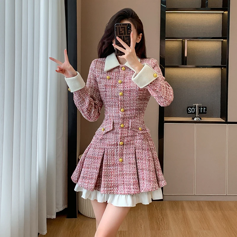 Korean Pink Checkered Dress Korean Pink Flannel Dress Women Pink