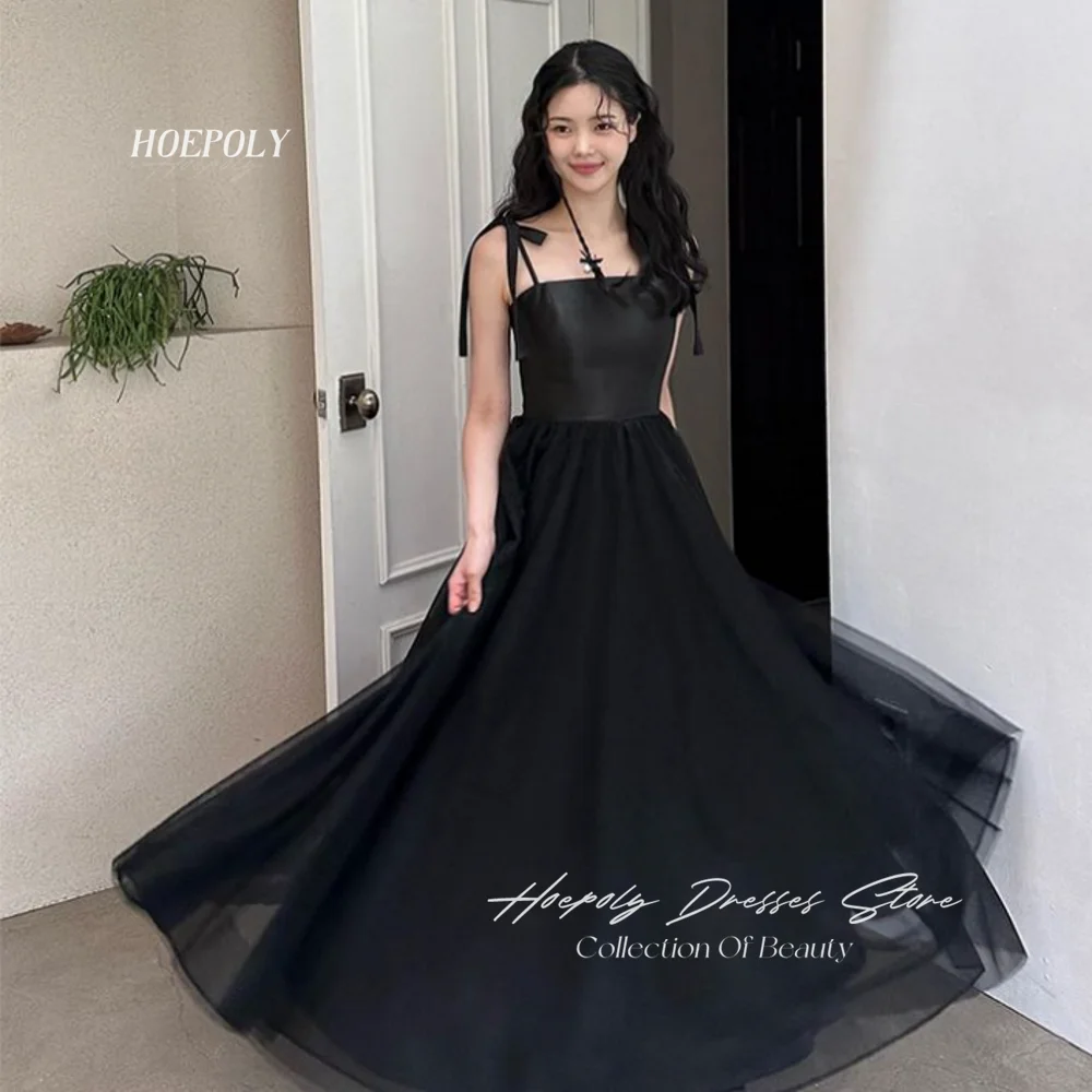 

Hoepoly Black Taffeta A Line Evening Dresses For Korea Women Pleats Backless Sexy Prom Gowns Formal Party Dress