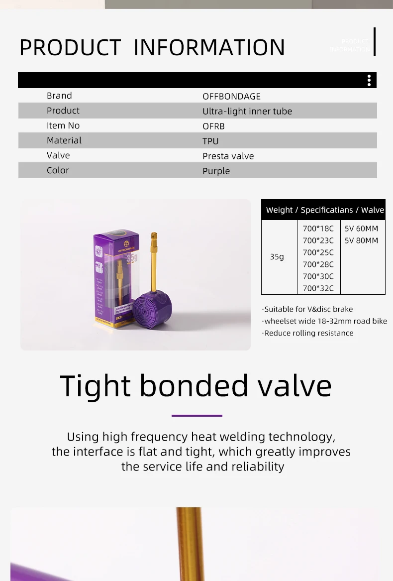 Description Picture 3 of itemOFFBONDAGE 2Pcs Aluminum Valve Ultralight Bike Inner Tube 700C Road Bicycle TPU Tire 60 80mm Length FV Super Light Tube