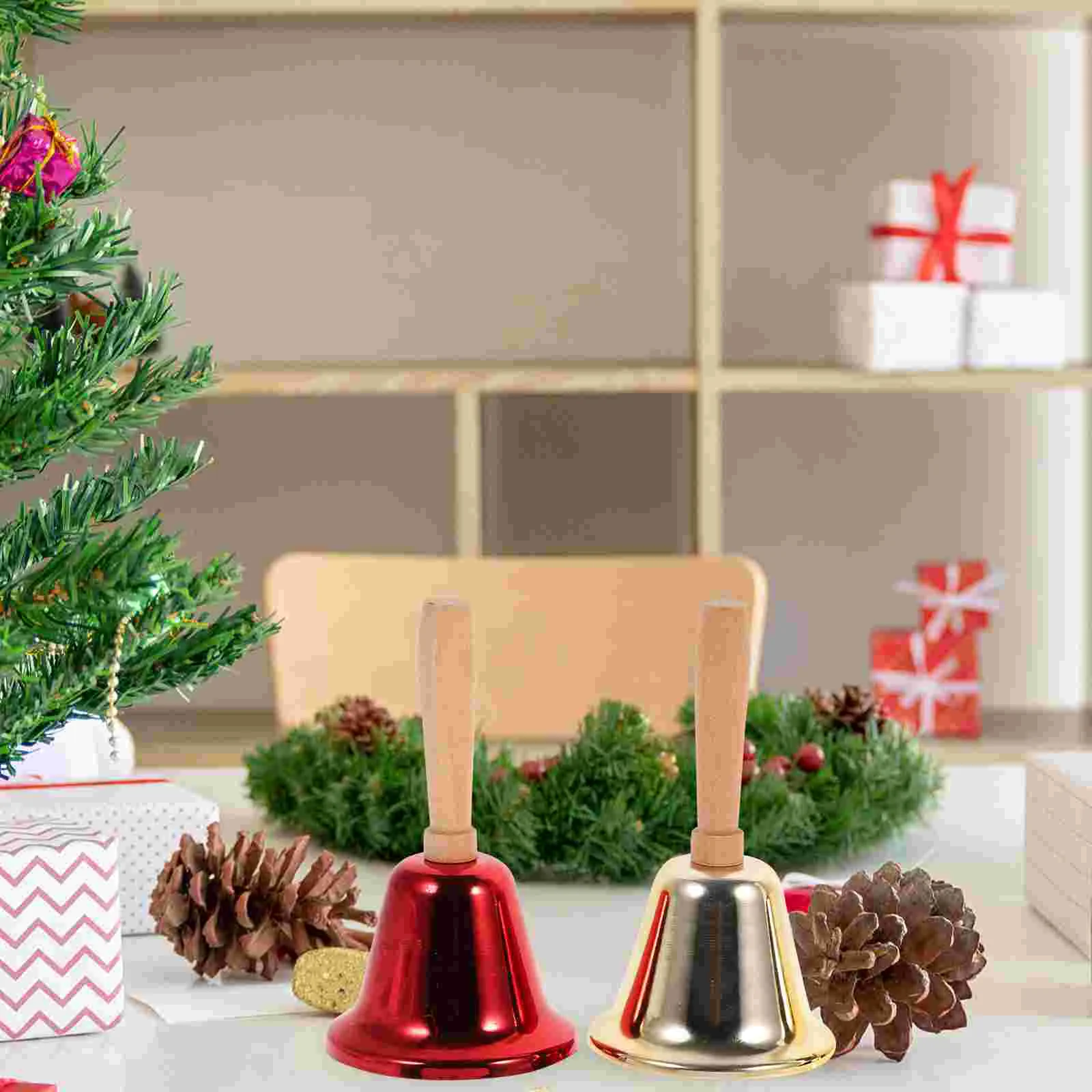4 Pcs Christmas Rattle Vintage Decor Bar Bell Metal Hand Call Decoration Handheld Bells Wood Festival