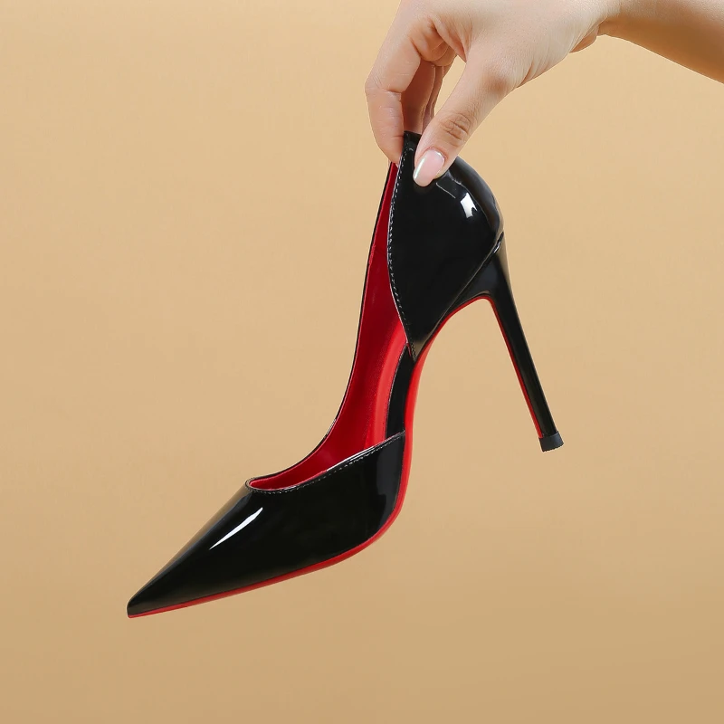 

Patent Leather Sexy Pumps Women Shoes Luxury Black Side Air High Heels Women Red Sole Pointed Toe Elegant Heels Party Stiletto