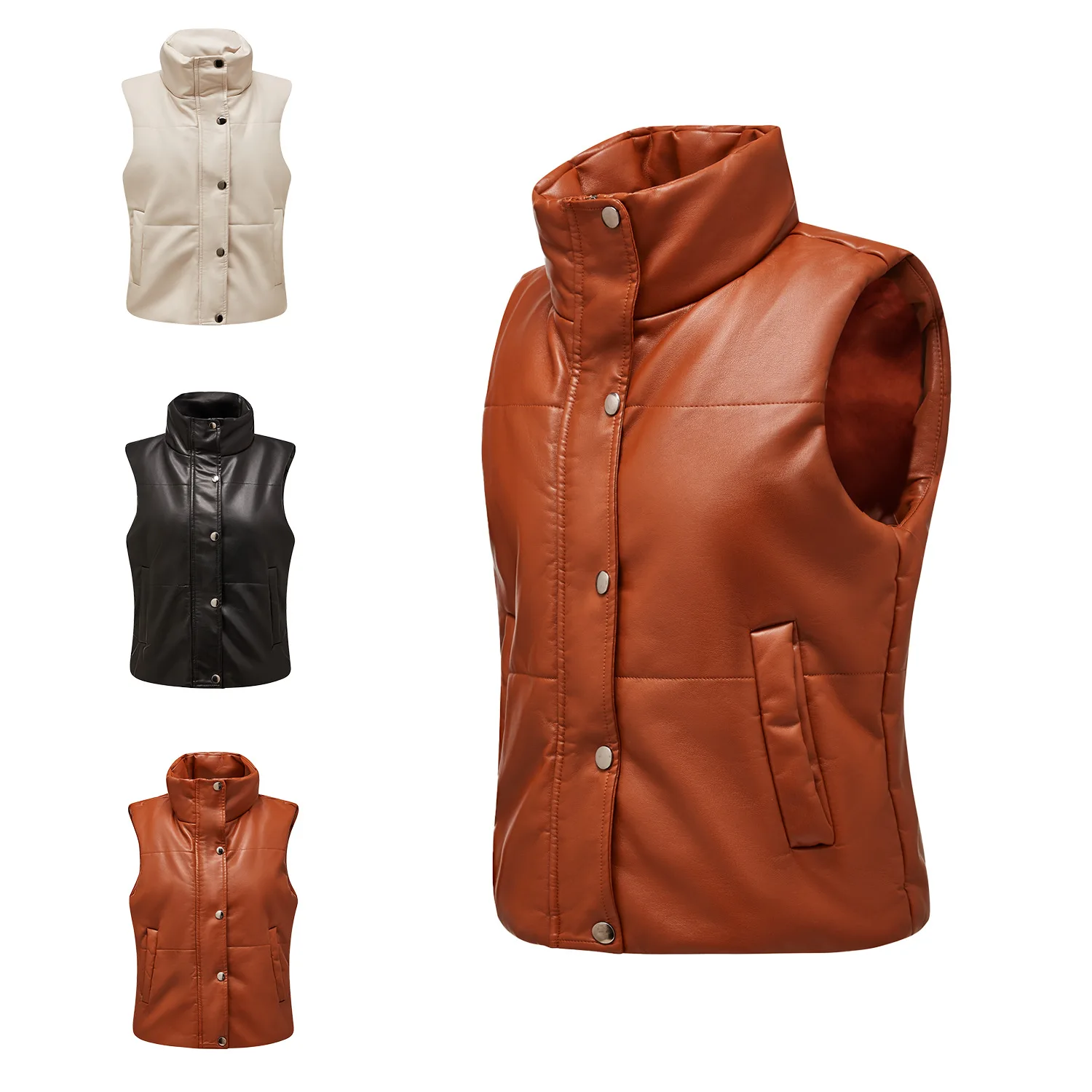 2022 autumn and winter ladies PU leather vest sleeveless cotton zipper cotton-padded jacket fashion collar European code coat