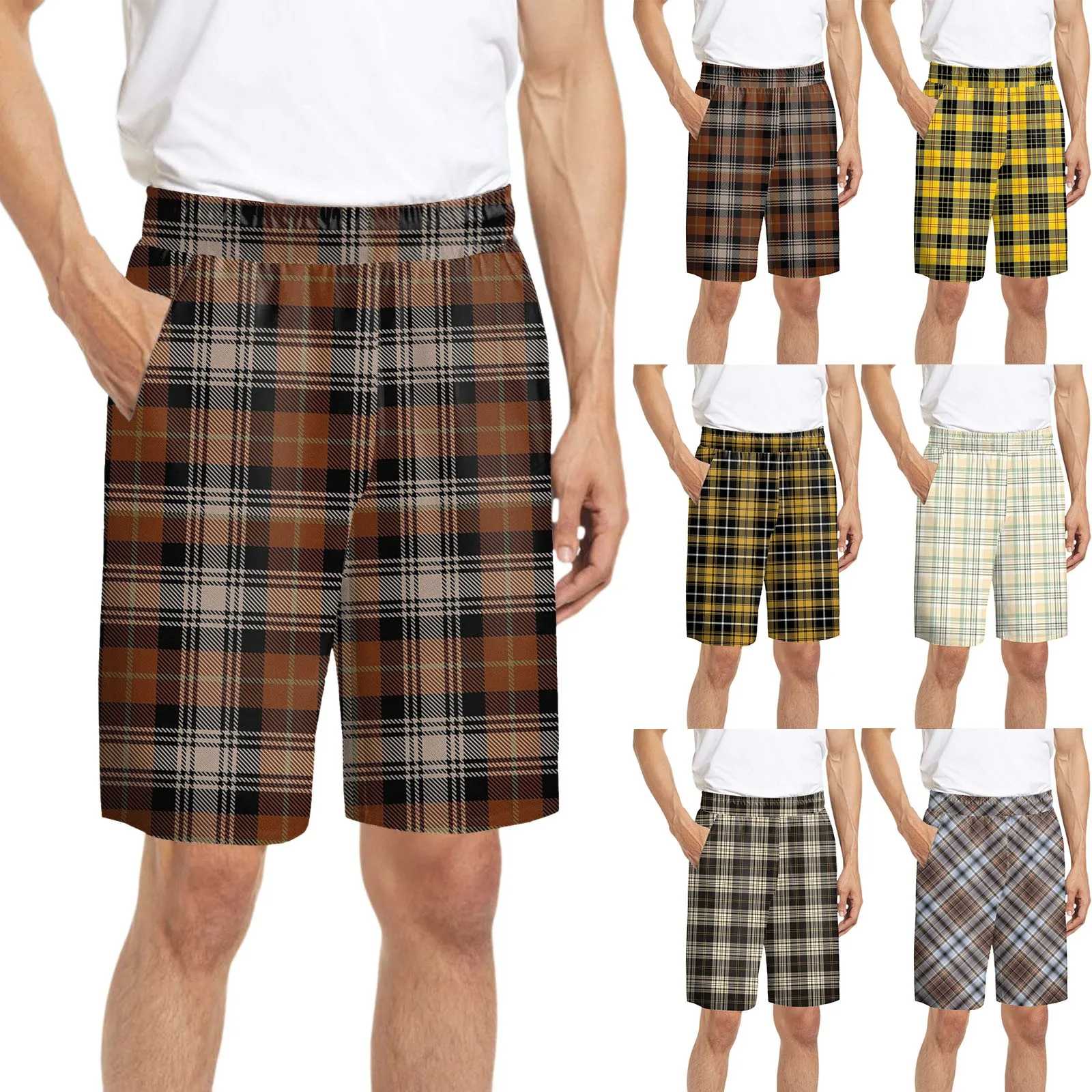 Description Picture 2 of itemPlaid Print Summer Trousers For Mens Fashion Elastic Waist Shorts Home Pants Trend Casual Pajama Pants Mens' Shorts Pockets