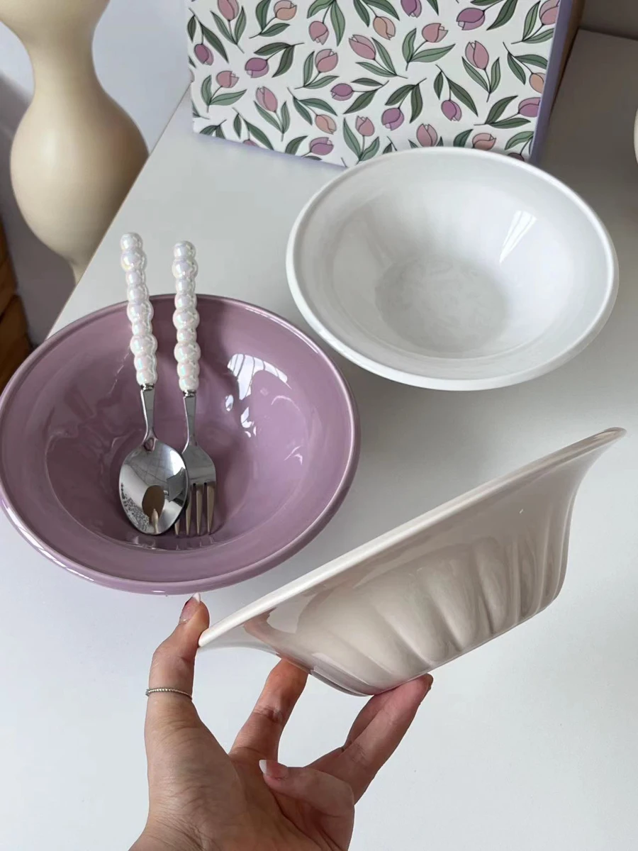 Round Ceramic Deep Plate Fruit Vegetable Salad Straw Hat Disc Korean Solid Colour Pasta Dinner Platter Western Corn Chowder Dish