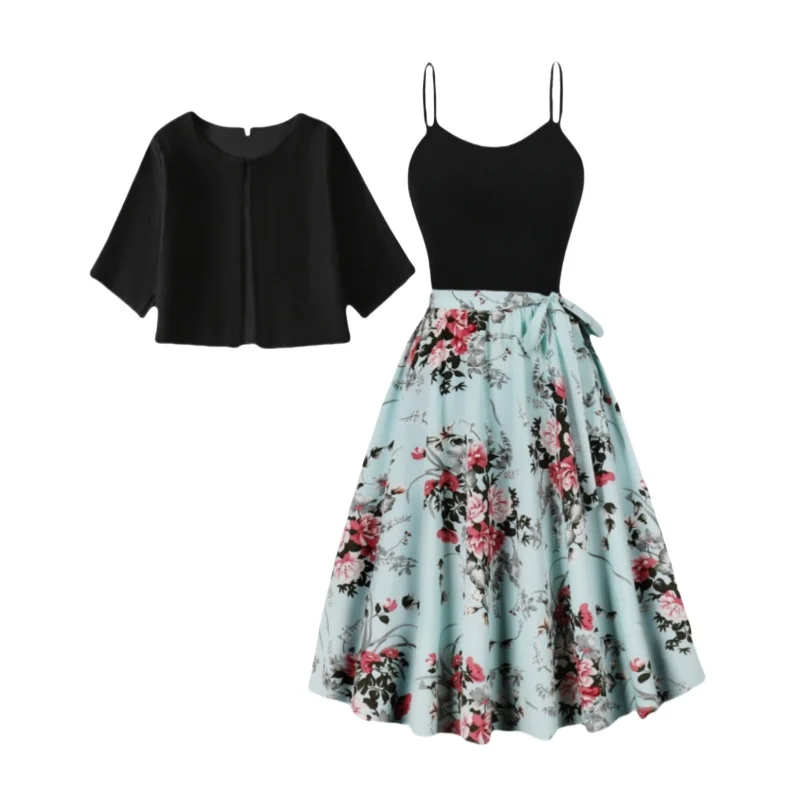 New Chinese Style Multi Layered Strappy Skirt - Blue Tears 蓝眼泪