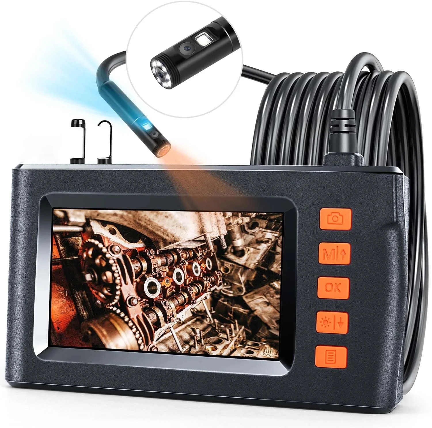 Cámara Endoscópica Doble Lente 1080P HD - Pantalla IPS 5", Cable Semi-rígido 5m, IP67 Impermeable - Para Inspección De Tuberías Y Motores