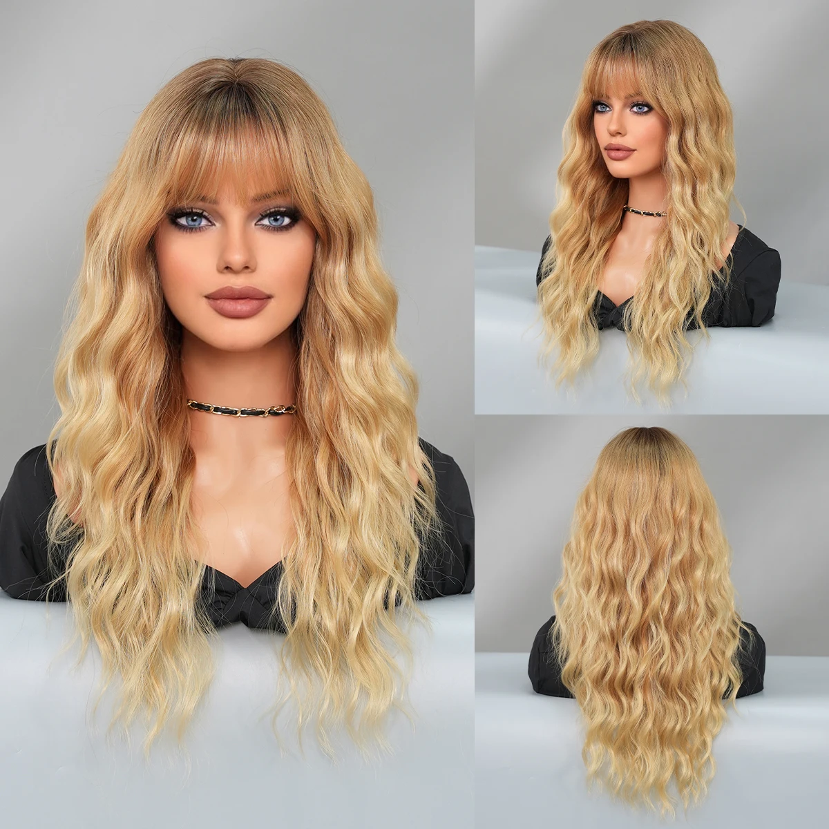 PARK YUN Long Loose Water Wavy Blonde Wigs With Dark Roots High Density Synthetic Layered Hair Wigs For Women Daily Use