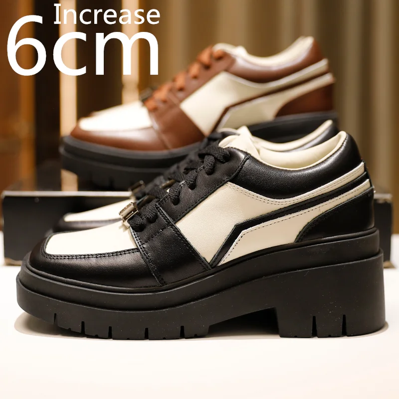 

New Color-blocking Square-headed Lace-up Women's Genuine Leather High-heeled Heightening-soled Casual Shoes Women Increased 6cm