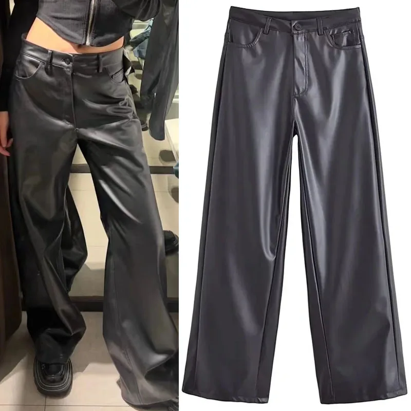 

Брюки женские прямые из искусственной кожи с завышенной талией и карманами