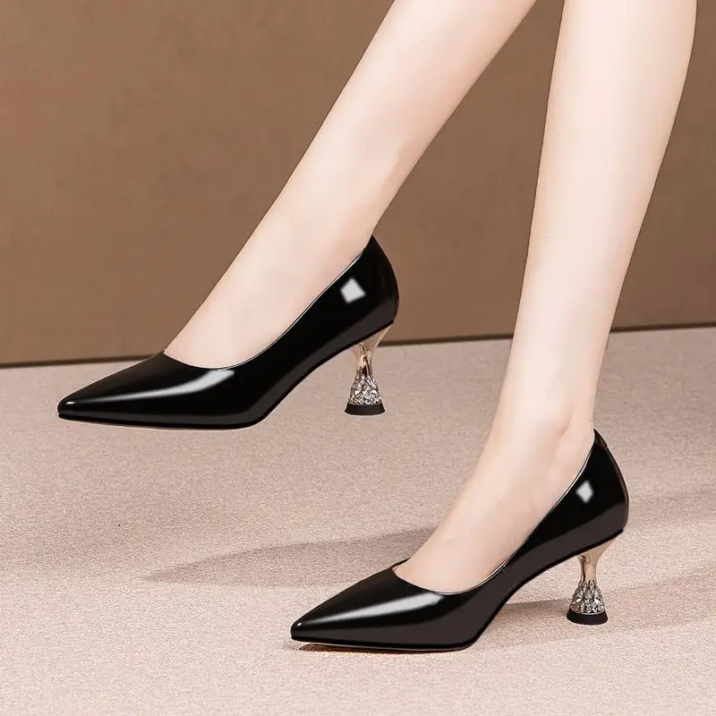 

Size 33-43 Natural Genuine Leather Women Heels Shoes Electroplated Heel Important Occasions Party Shoes Fashion High Heel Shoes