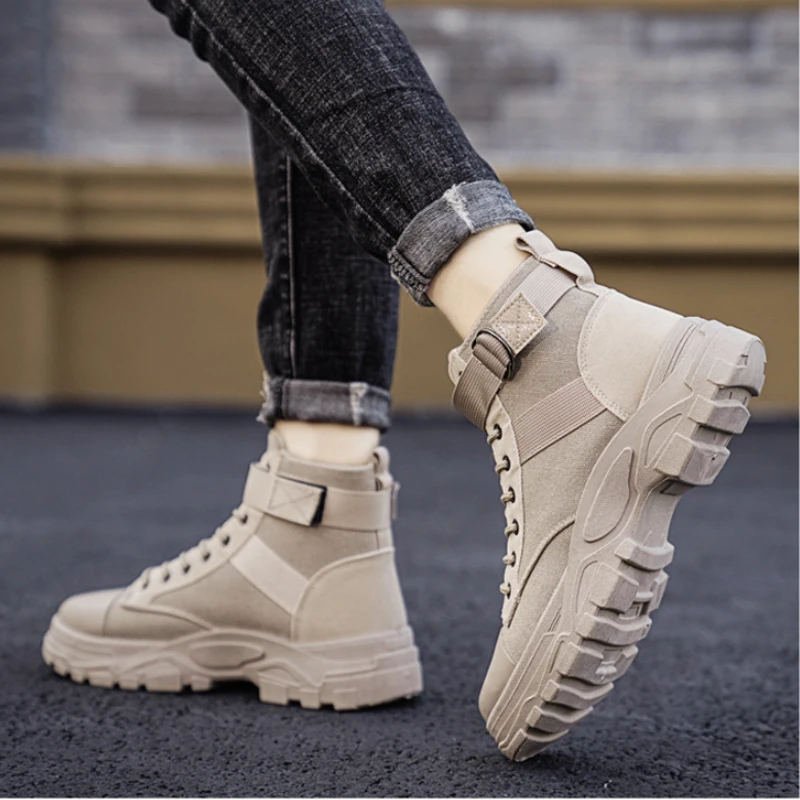 

Nice Autumn New Retro Motorcycle Boots Men's High-top Men's Shoes All-match Desert Boots Canvas Trendy Men's Knight Boots