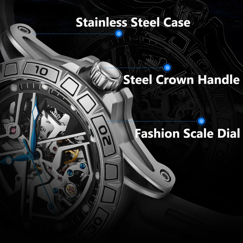 Tourbillon scheletrato da uomo luminoso impermeabile meccanico automatico e cinturino in silicone cassa in acciaio_voghion.com