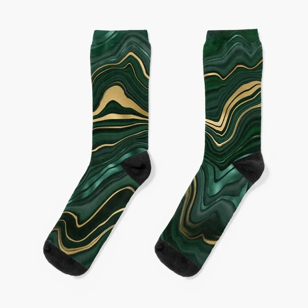 Emerald Green and GoldMalachite Pattern Socks valentine gift ideas Christmas Socks Women's Men's christmas candy tote bag xmas santa claus snowman elk pattern reusable tote bags