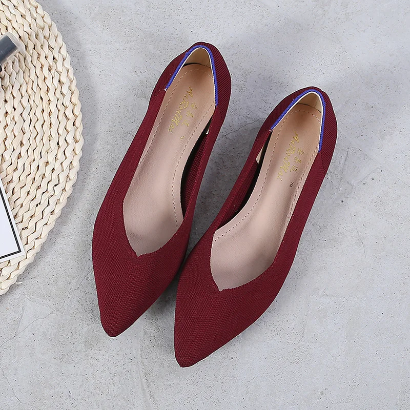Fashion Comfort Breathable Polyester Women Spring Flats Pointy Toe Ballerinas Stretch Knitted Loafers Dress Causal Shoes