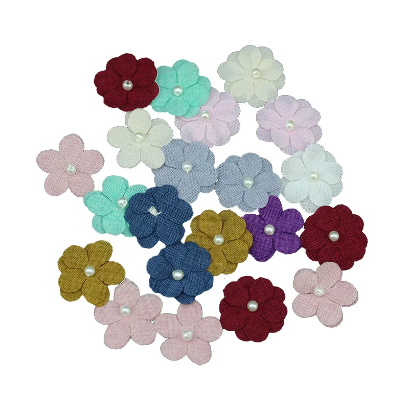 (20 Pcs/Pack) 25mm Five-Petal Flower Stickers Double-Layered Fabric with Mixed Color Pearl Petals Holiday Party Decorations