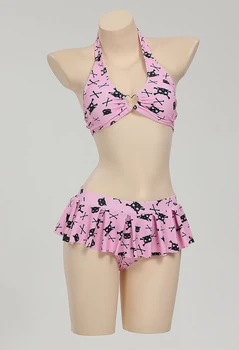 Women Swimwear Thriller Kitten Skull Cat Print Swimsuit Heart-shaped Design Pink Skeleton Cat Two Pieces Swimsuit 1