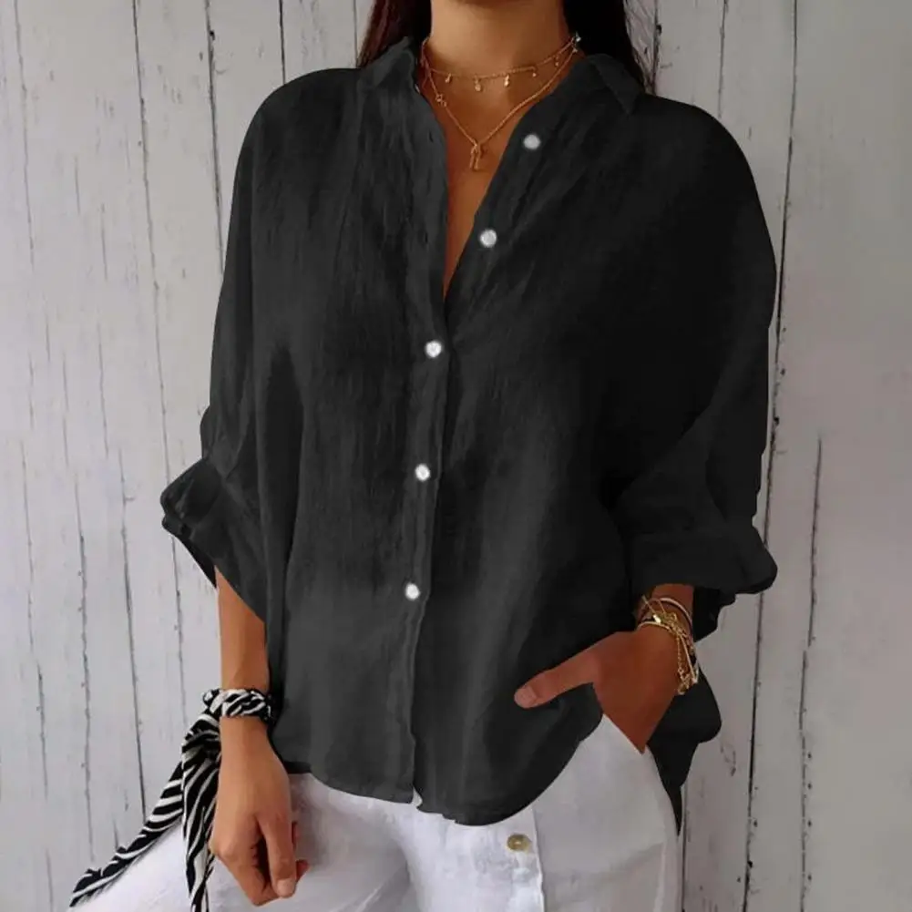 

3/4 Sleeve Top Women Solid Color Shirt Elegant Lapel Shirt with Bow Tie Detail Stylish Single Breasted Blouse for Women Chic