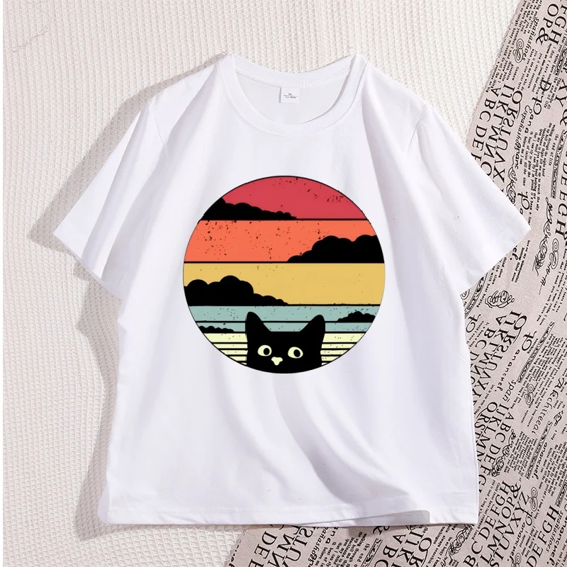 Vintage Black Cat Sunset Graphic Unisex T-Shirt - Cool Streetwear, Casual High-Quality Cotton Y2K Tee
