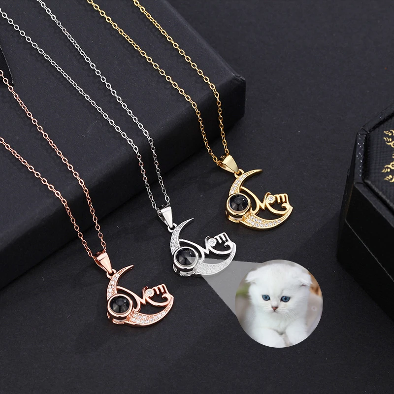 Personalized Custom Photo Projection Necklace S925 Silver English Letter MOM Zircon Inlaid Moon Pendant Unique Gift for Mother